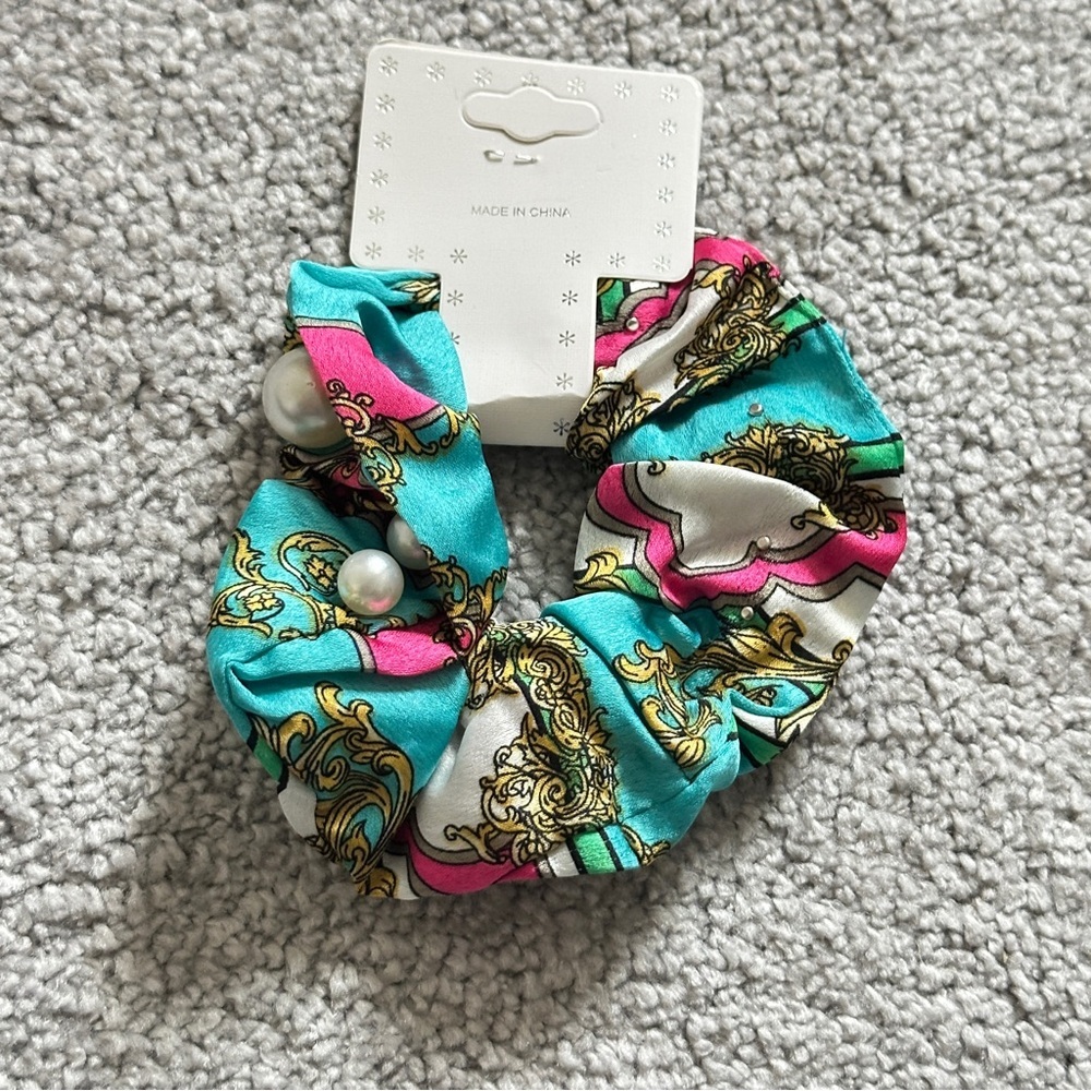 Colorful Patterned Scrunchies with Pearls